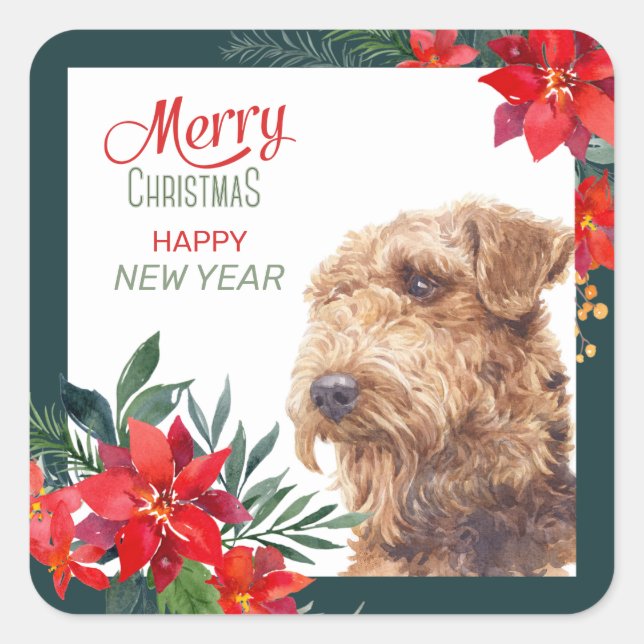 Pegatina Cuadrada Airedale Terrier Poinsettia Navidades fronterizos (Anverso)