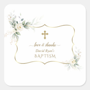 Pegatina Cuadrada Airy Greenery White Flowers Boy Christening