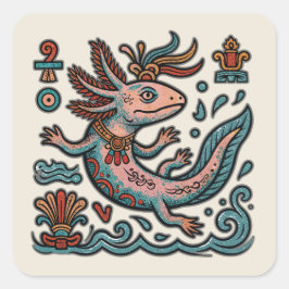 Pegatina Cuadrada Ajolote Azteca Xolotl piedra erosionada arte triba