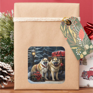 Pegatina Cuadrada Akita Americano Paseo en Trineo Nevado Decoración 