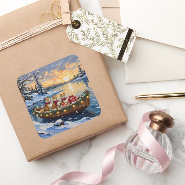 Pegatina Cuadrada Akita Christmas Boat Holiday (Regalar)