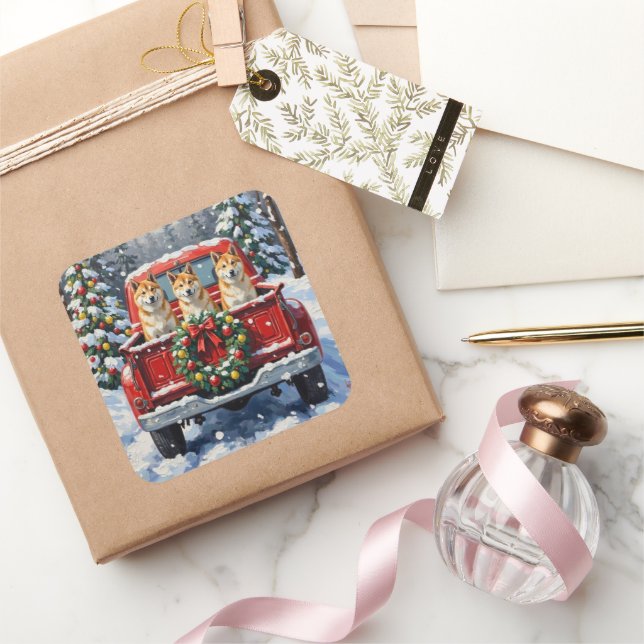 Pegatina Cuadrada Akita Christmas Red Truck Holiday (Regalar)