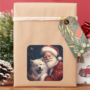 Pegatina Cuadrada Akita con Santa Claus Navideño Festivo 