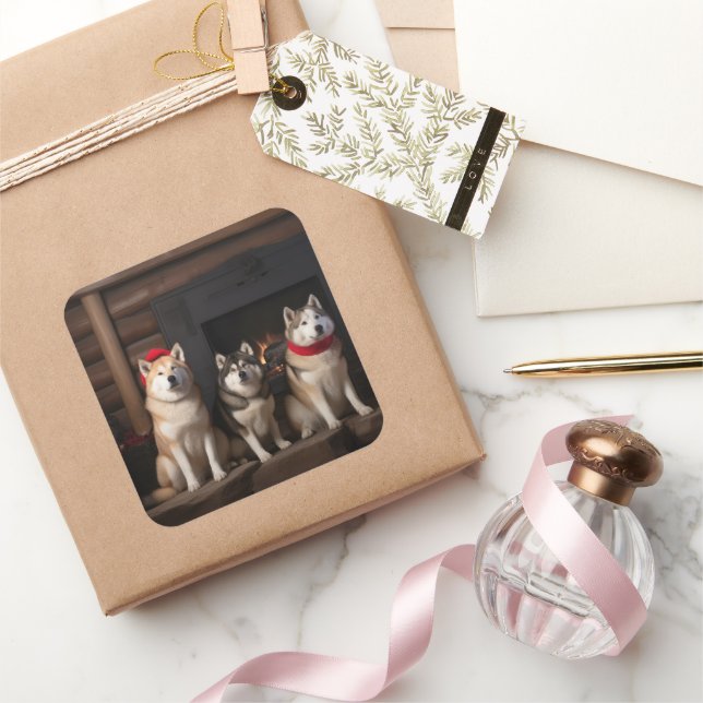 Pegatina Cuadrada Akita por los Navidades de la chimenea (Regalar)