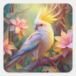 Pegatina Cuadrada Ala irlandesa Cockatiel Fantasy Bird
