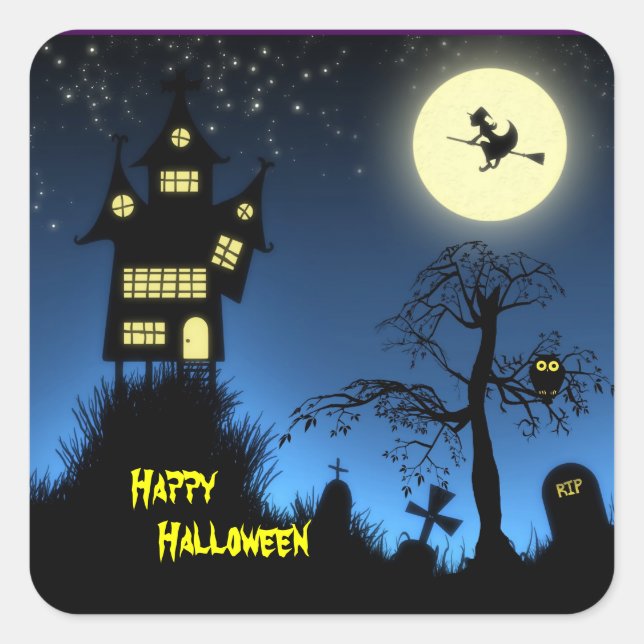 Pegatina Cuadrada Alarmante casa embrujada Halloween Decorativo (Anverso)