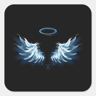 Pegatina Cuadrada Alas de ángel azules brillantes sobre fondo negro