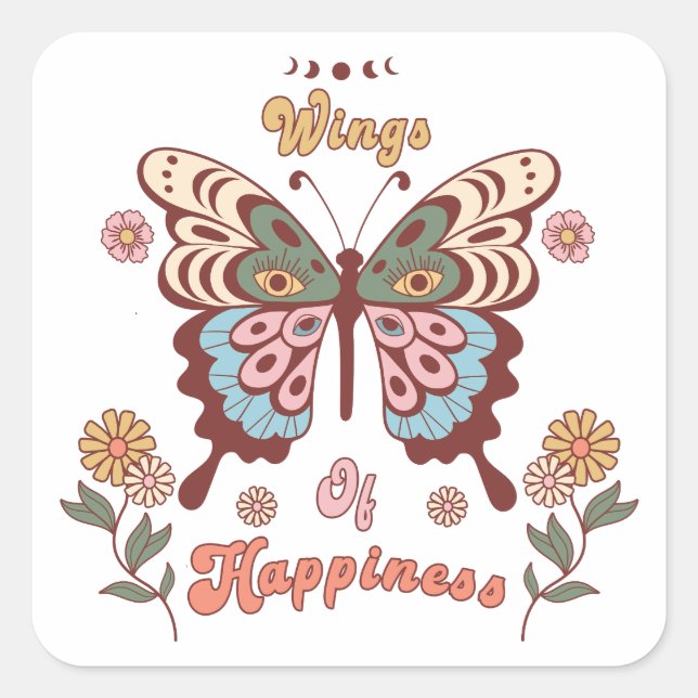 Pegatina Cuadrada Alas de mariposa de Boho Retro (Anverso)