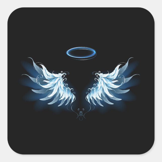 Pegatina Cuadrada Alas del Ángel Azul brillante sobre fondo negro (Anverso)
