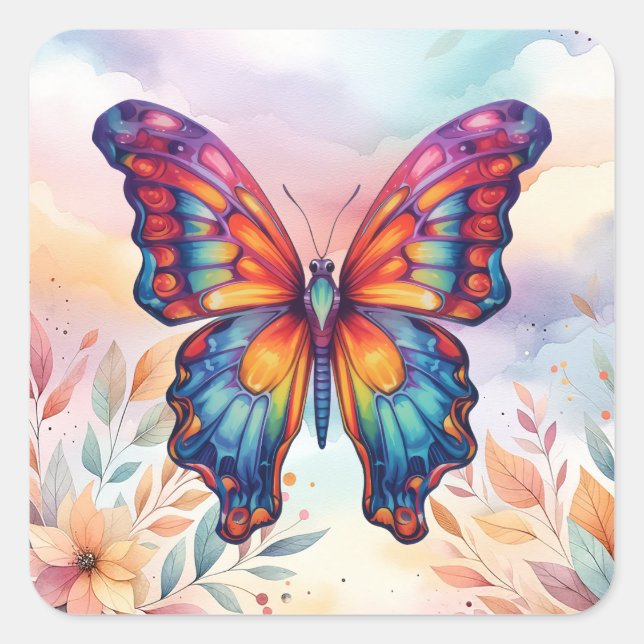 Pegatina Cuadrada Alas Naranjas azules de mariposa (Anverso)