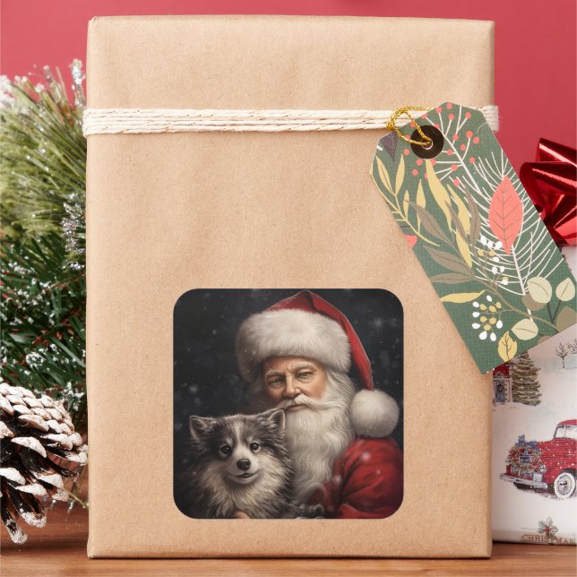 Pegatina Cuadrada Alaskan Malamute con Navidades de Santa Claus (Vacaciones)