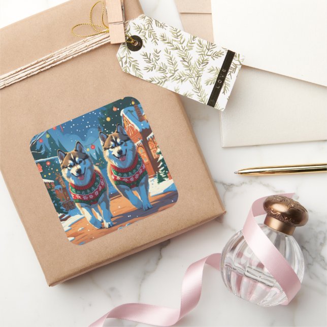 Pegatina Cuadrada Alaskan Malamute Dogs Christmas Snow Holiday  (Regalar)