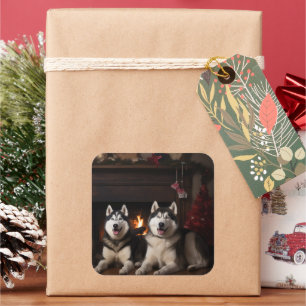 Pegatina Cuadrada Alaskan Malamute junto a los Navidades de la chime