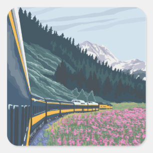 Pegatina Cuadrada AlaskaRailroad y Fireweed Vintage Travel