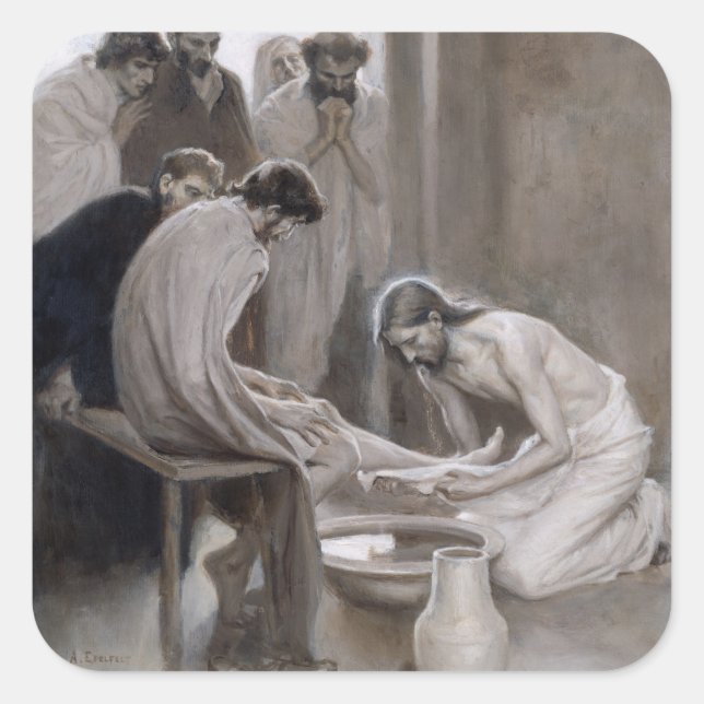Pegatina Cuadrada Albert Edelfelt - Jesús lavando pies de discípulos (Anverso)