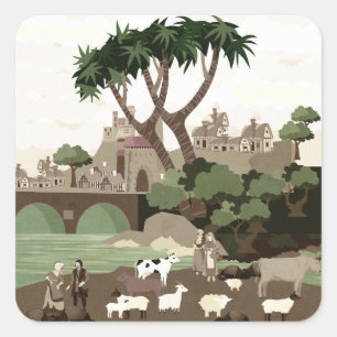 Pegatina Cuadrada Aldea de la Edad Media