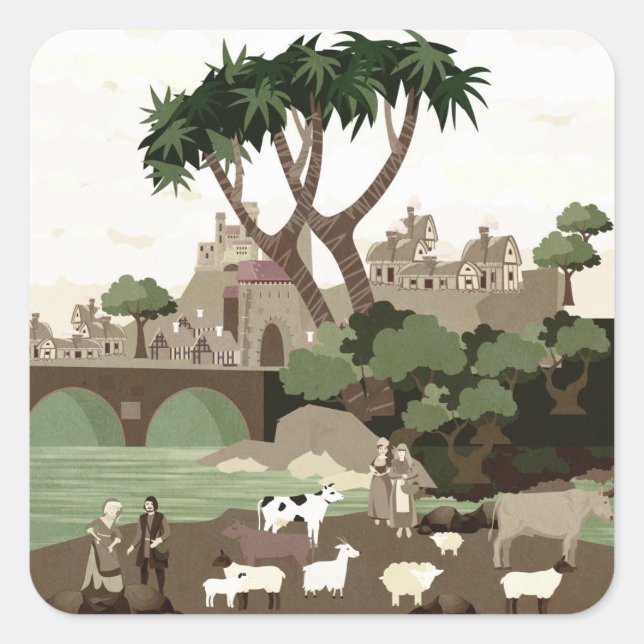 Pegatina Cuadrada Aldea de la Edad Media (Anverso)