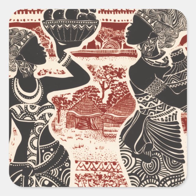Pegatina Cuadrada Aldea de las mujeres africanas de la tribu de las  (Anverso)