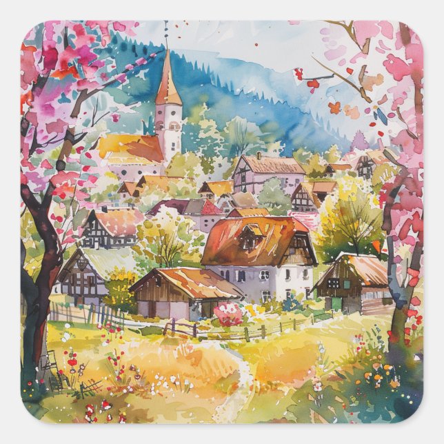 Pegatina Cuadrada Aldea de primavera (Anverso)