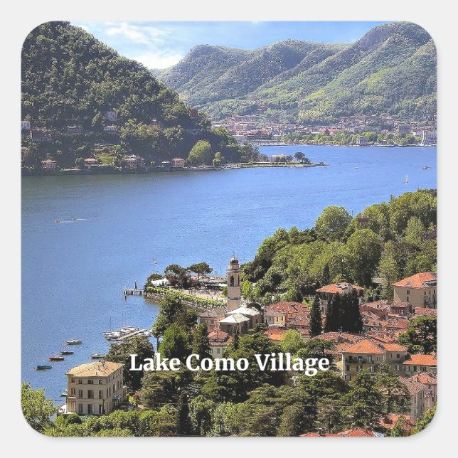Pegatina Cuadrada Aldea del lago Como, fotografía panorámica, (Anverso)