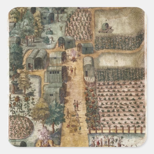 Pegatina Cuadrada Aldea india de Secoton, c.1570-80 (Anverso)