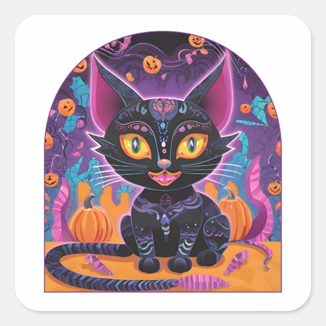 Pegatina Cuadrada Alebrije, gato negro de Halloween (Anverso)