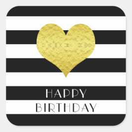 Pegatina Cuadrada Alegre cumpleaños feliz de corazón blanco y negro
