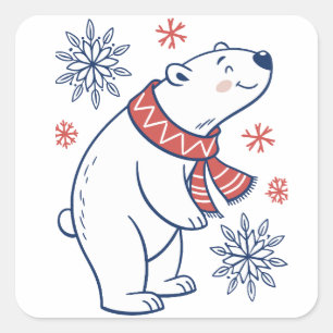 Pegatina Cuadrada Alegre diseño de vacaciones de invierno en oso pol