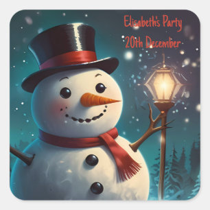 Pegatina Cuadrada Alegre Invitación a la fiesta de Snowman - Tarjeta