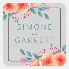 Pegatina Cuadrada Alegre Naranja floral y Verde azulado Boda brillan