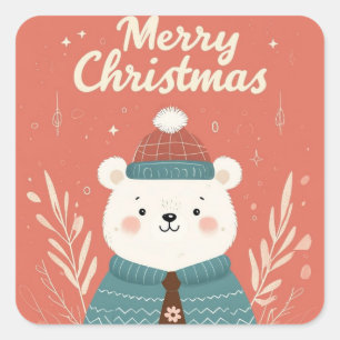 Pegatina Cuadrada Alegre Oso de Invierno - Inspiración de los Navida