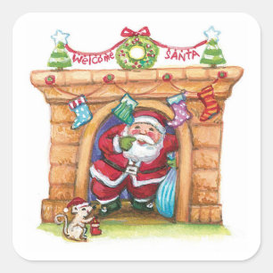Pegatina Cuadrada Alegre Papá Noel de dibujos animados lindos bajand