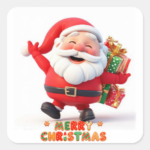 Pegatina Cuadrada Alegre Papá Noel llevando regalos festivos