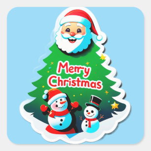Pegatina Cuadrada Alegre Santa Claus con muñeco de nieve