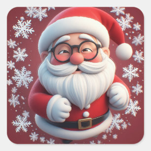 Pegatina Cuadrada Alegre Santa Claus rodeado de copos de nieve