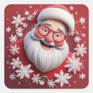 Pegatina Cuadrada Alegre Santa Claus rodeado de copos de nieve