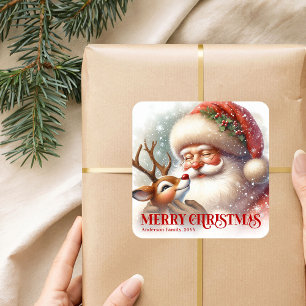 Pegatina Cuadrada Alegre Santa Rudolph Personalizado Festivo Vacacio