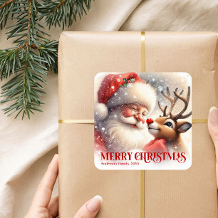 Pegatina Cuadrada Alegre Santa y Rudolph personalizados Navidad