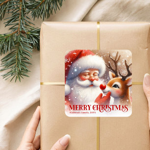Pegatina Cuadrada Alegre Santa y Rudolph personalizados Navidad