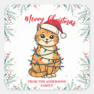 Pegatina Cuadrada Alegre y Brillante gato Navidad gatito nieve invie
