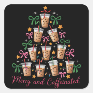 Pegatina Cuadrada Alegre y Cafeinada Coqueta de Navidad Café Latte