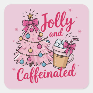 Pegatina Cuadrada Alegre y Caffeinated Cofee Navidad Retro de Moda 