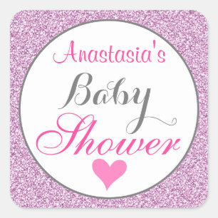 Pegatina Cuadrada Alegre y Glam Rosa Lila Purpura Brillo Baby Shower