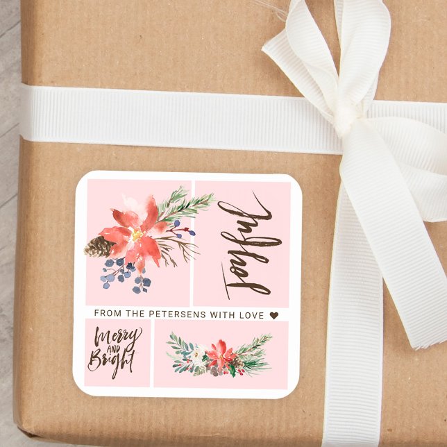 Pegatina Cuadrada Alegres Navidades florales de merry y acuarela bri (Subido por el creador)