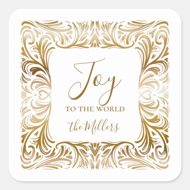 Pegatina Cuadrada Alegría al mundo Familia Nombre Navidades Elegante (Anverso)