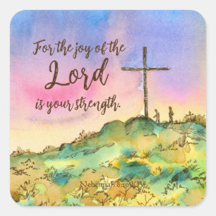 Pegatina Cuadrada Alegría Del Señor Nehemiah Biblia Scripture Sunset