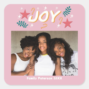 Pegatina Cuadrada alegría personalizada foto trendy rosa navidad