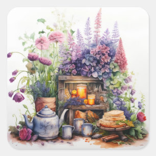 Pegatina Cuadrada Alegría por la tarde té y jardinería