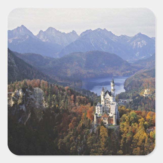 Pegatina Cuadrada Alemania, Baviera, Castillo de Neuschwanstein. Rey (Anverso)