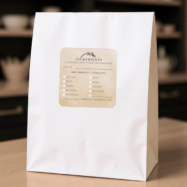Pegatina Cuadrada Alérgenos de seguridad alimentaria Producto de hoj (product packaging sticker artisan business gift blackboard handmade homemade ingredients kraft)